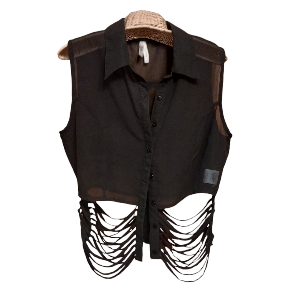 Truth Black Sheer Sleeveless Blouse Cutout Ribbon Accents Ladies Large Edgy Y2K